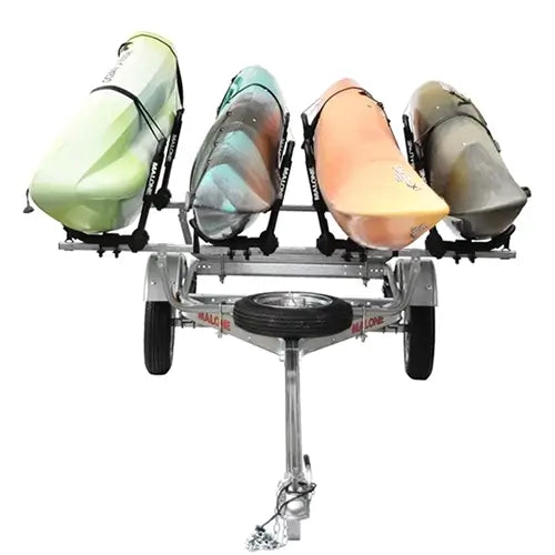 Kayak trailer carrying 4 kayaks with a spare tire