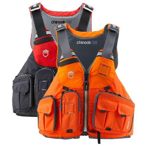 NRS Chinook OS Lifejackets in red and orange