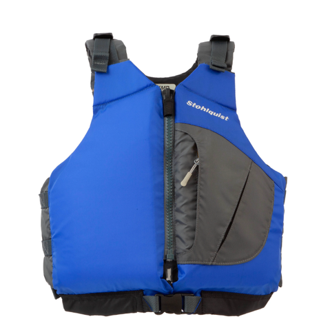 Blue and gray life vest with Stohlquist Escape