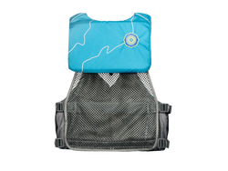Life jacket with blue back and gray front on a white background