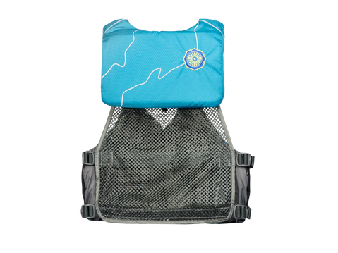 Life jacket with blue back and gray front on a white background