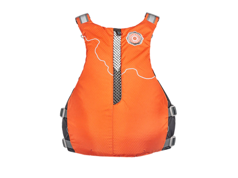 Orange life jacket with gray straps on a white background, Astral Lonnie