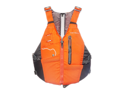Orange and black life vest on a white background, Astral Lonnie
