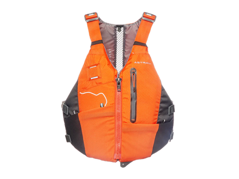 Orange and black life vest on a white background, Astral Lonnie