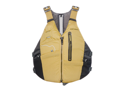 Yellow and black life jacket with visible branding on a white background Astral Lonnie