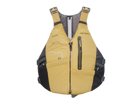 Yellow and black life jacket with visible branding on a white background Astral Lonnie
