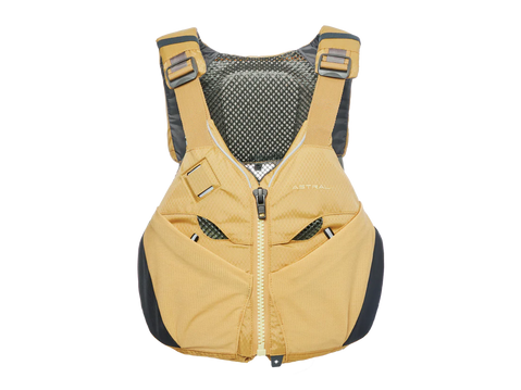 Yellow life vest with black accents on a white background, Astral V-eight 4.0