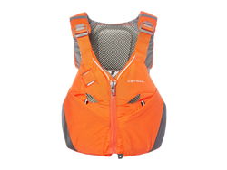 Orange life vest with gray accents on a white background, Astral V-eight 4.0