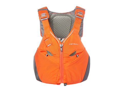 Orange life vest with gray accents on a white background, Astral V-eight 4.0