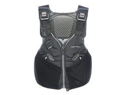 Black and gray life jacket with 'Astral' branding on a white background, v-eight