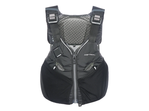 Black and gray life jacket with 'Astral' branding on a white background, v-eight