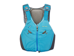 Blue life vest with gray accents on a white background, Astrak v-eight