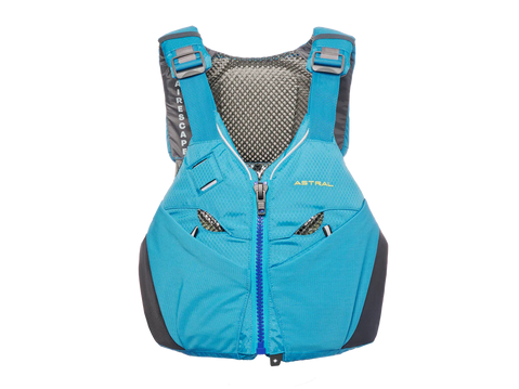 Blue life vest with gray accents on a white background, Astrak v-eight