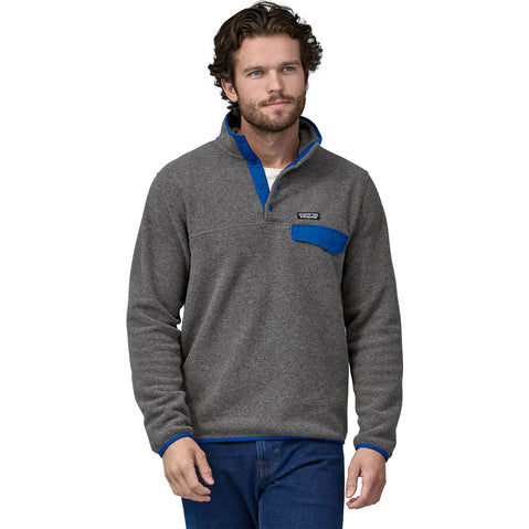 Patagonia Men's Lightweight Synchilla Snap-T Pullover Top in Nickel/Passage Blue model front