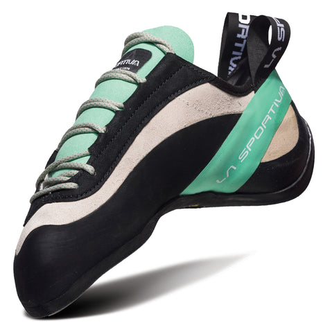 La Sportiva Women's Miura Rock Climbing Shoes in White/Jade Green left side view