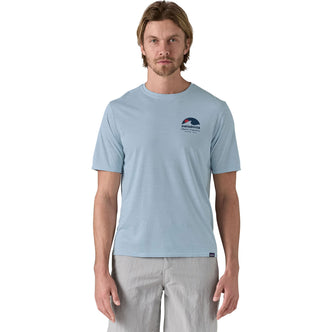 Patagonia Men's Cap Cool Daily Graphic Short Sleeve Shirt in Applied Imagination: Fleck Blue model front