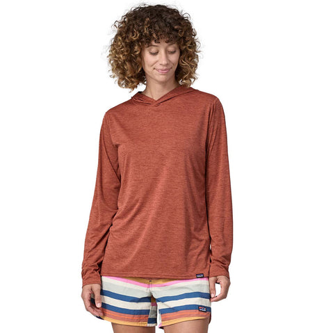 Patagonia Women's Capilene Cool Daily Hoody model Burl Red/Dark Burl Red X-Dye facing forward