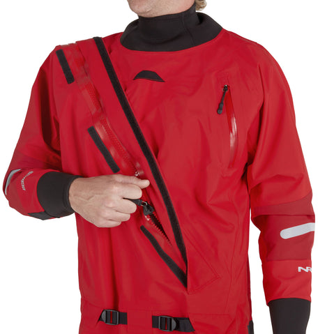 NRS Men's Foray Dry Suit in Red model entry zipper