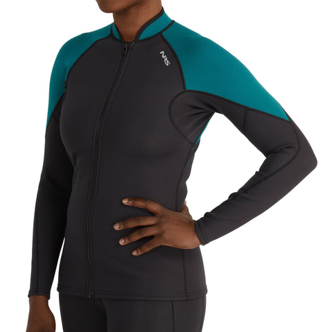 NRS Women's HydroSkin 1.5 Jacket in Black/Harbor model frontcrop