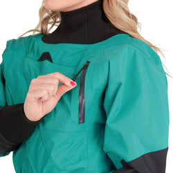 NRS Women's Crux Dry Suit in Jade model chest pocket