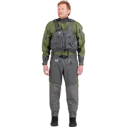 NRS Spyn Fishing Semi-Dry Suit in Olive model front pfd
