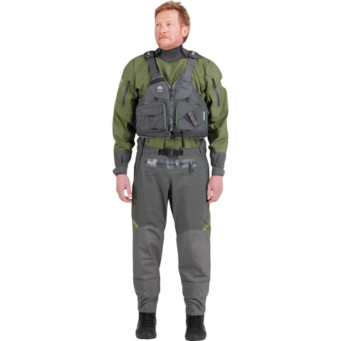 NRS Spyn Fishing Semi-Dry Suit in Olive model front pfd
