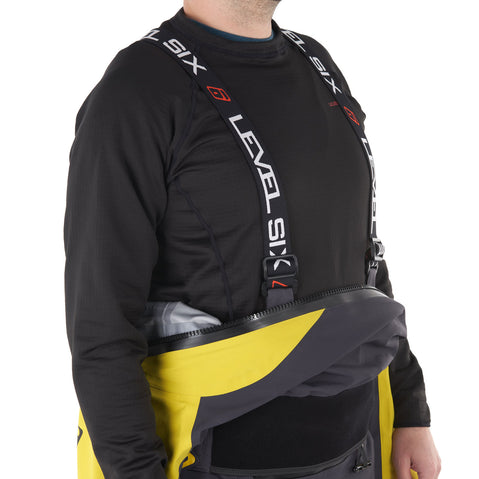 Level Six Fjord Dry Suit in Citron  suspenders front
