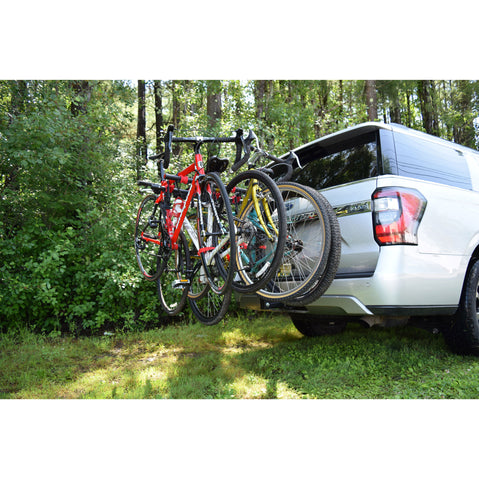 Malone Runway Max 4 Bike Hitch Rack with bikes loaded angle view