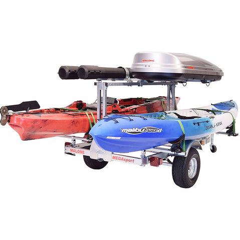 Malone MegaSport LowBed 2-Boat Saddle Up Pro Kayak Trailer Package with 2nd Tier with kayak loaded back