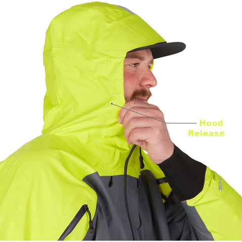 NRS Men's Riptide Paddling Jacket in Chartreuse/Gray model hood release