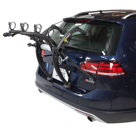 Saris Bones EX 3-Bike Trunk Rack installed on a car back