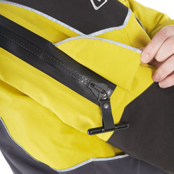 Level Six Emperor Dry Suit in Citron rear zipper pull