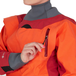 NRS Women's Axiom GORE-TEX Pro Dry Suit in Poppy/Vino model chest pocket