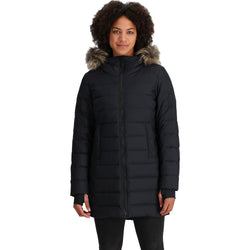 Outdoor Research Women's Coze Lux Down Parka in Black model front view
