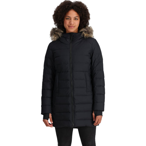 Outdoor Research Women's Coze Lux Down Parka in Black model front view