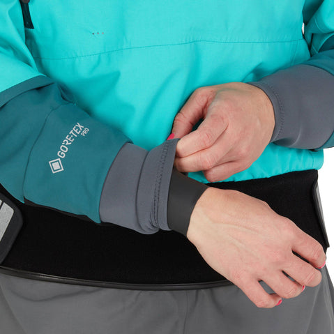 NRS Women's Rev GORE-TEX Pro Dry Top in Mediterranea/Aqua model wrist gasket