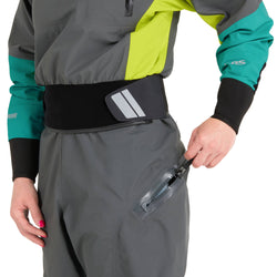 NRS Women's Pivot Dry Suit in Jade/Lime model relief zipper