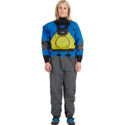 NRS Women's Explorer Semi-Dry Suit in Blue model frontPFD
