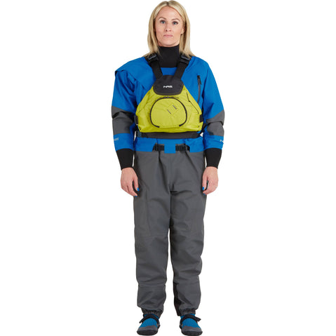 NRS Women's Explorer Semi-Dry Suit in Blue model frontPFD