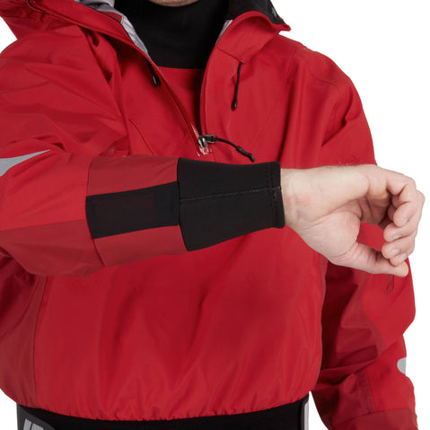 NRS Men's Orion Paddling Jacket in Red model wrist drain