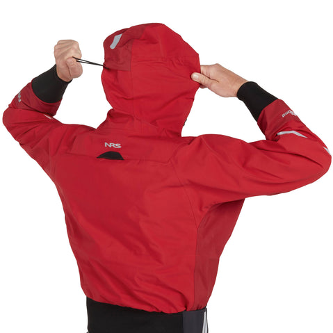 NRS Men's Orion Paddling Jacket in Red model hood