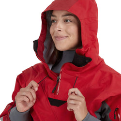 NRS Women's Navigator GORE-TEX Pro Semi-Dry Suit in Red model drawstring