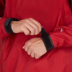 NRS Men's Helium Paddling Jacket in Red model wrist closure