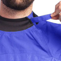 Level Six Huron Short Sleeve Paddling Jacket model in Ultraviolet neck closure