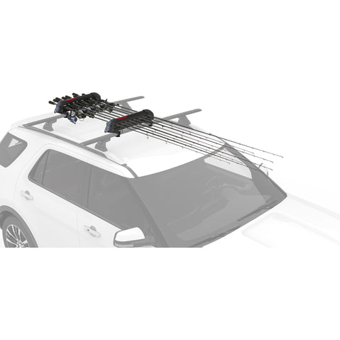 Yakima ReelDeal Rooftop Fishing Rod Carrier installed on a car front