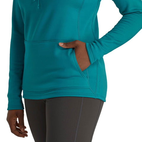 NRS Women's Expedition Weight Hoodie in Glacier model inside