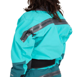 NRS Women's Phenom GORE-TEX Pro Dry Suit in Aqua model zipper entry