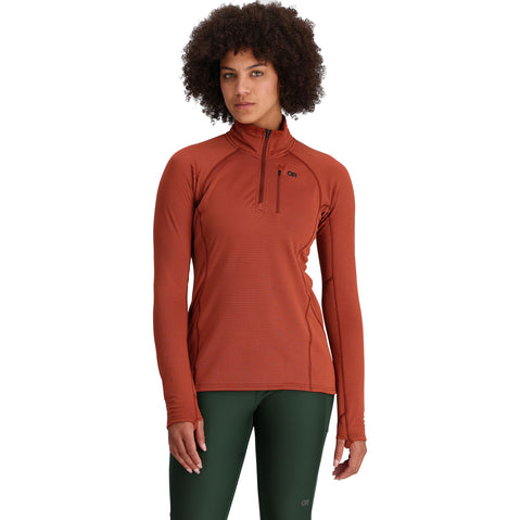 Outdoor Research Women's Vigor Grid Fleece Quarter Zip Shirt in Brick model view front