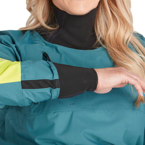 NRS Women's Stratos Semi-Dry Paddling Jacket in Mediterranea model detail