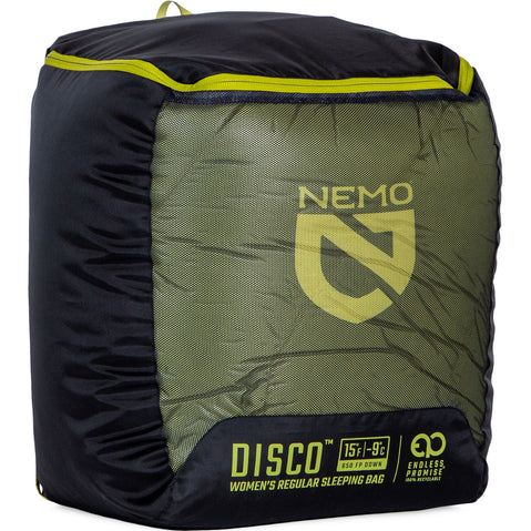 Nemo Equipment Women's Disco 15-Degree Endless Promise Down Sleeping Bag in Birch Bud storage cube